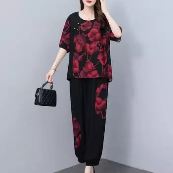 Элегантные комплекты больших размеров для женщин, комплекты из 2 предметов, летние повседневные свободные брюки, женская одежда среднего возраста XL жёлтый