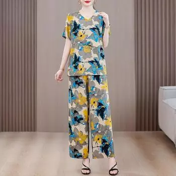 Элегантные комплекты из 2 предметов для женщин, большие размеры, свободные брюки с высокой талией и винтажным принтом, летняя повседневная женская одежда среднего возраста XL