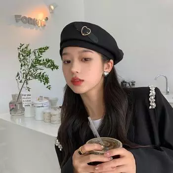 Элегантные корейские осенние теплые шапки для девочек и женщин, кожаный берет с пряжкой и сердечком, шляпа художника чёрный