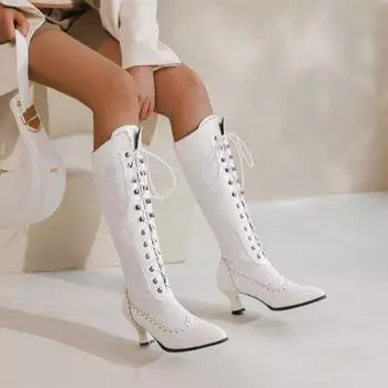 Элегантные кружевные лоскутные высокие сапоги на шнуровке, остроконечные рыцари и ботинки на среднем каблуке 35 чёрный