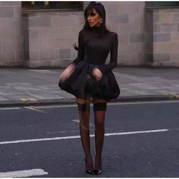 Элегантные кружевные платья женские прозрачные пышные платья с длинными рукавами женские 2025 модные однотонные вечерние платья А-силуэта женские S чёрный