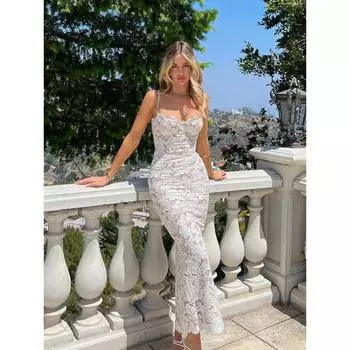 Элегантные кружевные сетчатые прозрачные белые длинные платья-комбинации для женщин, сексуальные без рукавов, цветочные облегающие платья с вырезами, женские клубные вечерние платья S