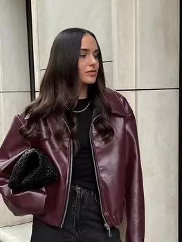 Элегантные куртки из искусственной кожи, женские модные женские пальто с застежкой-молнией и длинным рукавом 2024 года, осень-зима, женская уличная верхняя одежда бордового цвета S бордовый