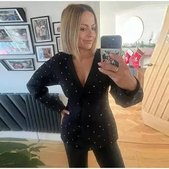 Элегантные куртки со стразами, женские, черные, облегающие, с V-образным вырезом, скрытой пряжкой, рукавами-фонариками, пиджак для женщин 2025 года, весенняя модная верхняя одежда для женщин S чёрный