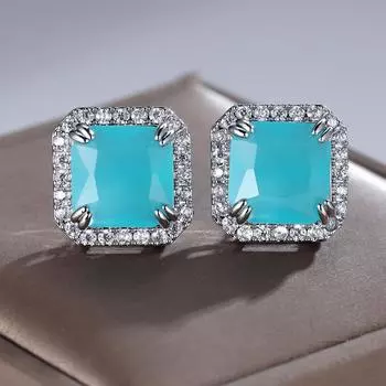 Элегантные квадратные серьги-гвоздики из циркона Параиба для женщин серебряного цвета, свадебные украшения серебряный/зелёный
