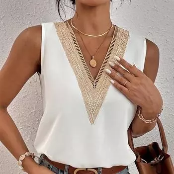 Элегантные летние блузки без рукавов, женские кружевные рубашки с v-образным вырезом, свободные модные офисные женские свободные топы на бретелях, повседневная одежда 24880 S абрикосовый