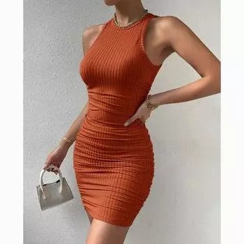 Элегантные летние короткие платья без рукавов, женские платья с круглым вырезом, плиссированные эластичные однотонные вечерние облегающие платья с высокой талией 24503 S чёрный