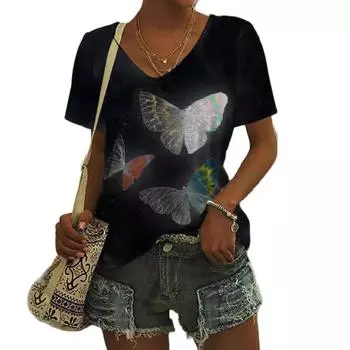 Элегантные летние женские модные удобные футболки с короткими рукавами в стиле Харадзюку с 3D принтом бабочки и круглым вырезом, пуловеры 6XL