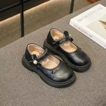 Элегантные маленькие кожаные туфли для девочек, весна 2024, новые детские туфли Мэри Джейн, маленькая принцесса, мягкая подошва, милые детские универсальные туфли из искусственной кожи 26 чёрный