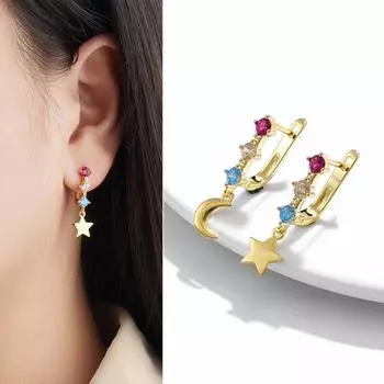 Элегантные медные серьги-клипсы с трехцветным цирконием в форме звезды и луны для создания небесного прикосновения