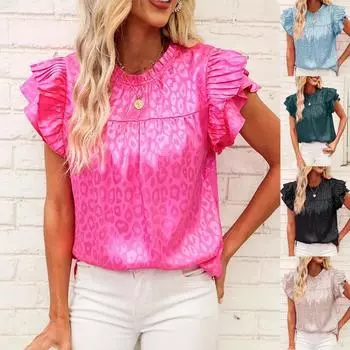 Элегантные милые женские рубашки, топы, лето 2025, новые модные топы с короткими рукавами и оборками, воротник-волна, офисные женские блузки S