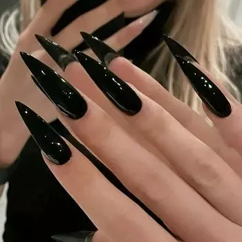 Элегантные миндалевидные накладные ногти - 24 шт. длинных черных глянцевых накладных ногтей, Pure Color Aura, нетоксичные, съемные наклейки для ногтей для фестивалей, вечеринок чёрный