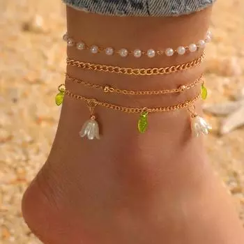 Элегантные многослойные подвески «Ландыш» с искусственным жемчугом, ножные браслеты для женщин и девочек, металлические цепочки в богемном стиле, браслеты на ноги, ювелирные изделия