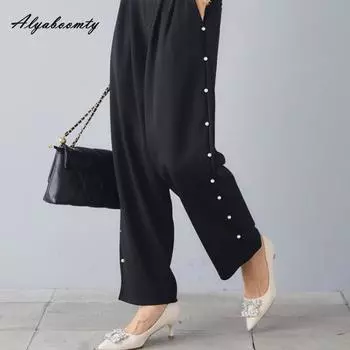 Элегантные модные осенне-весенние женские черные брюки с высокой талией, отделанные бисером, повседневные свободные брюки, женственные офисные женские капри с карманами ONE SIZE чёрный