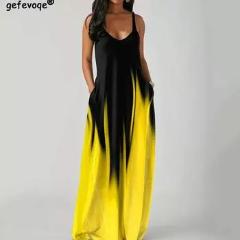 Элегантные модные платья длиной до пола без рукавов с v-образным вырезом, простое женское летнее платье в стиле ретро со свободной талией и принтом, прямое платье 2022 S жёлтый
