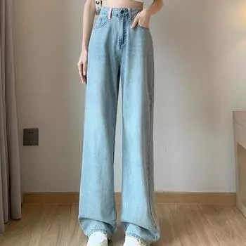 Элегантные модные повседневные широкие джинсы женские винтажные офисные женские прямые джинсовые брюки свободные синие простые карманы с кисточками джинсы брюки 24249 S синий
