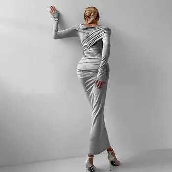 Элегантные Модные Сексуальные Макси Платья Уличная Одежда С Открытыми Плечами Повседневные С Длинным Рукавом Облегающие Вечерние Платья Женские S серый
