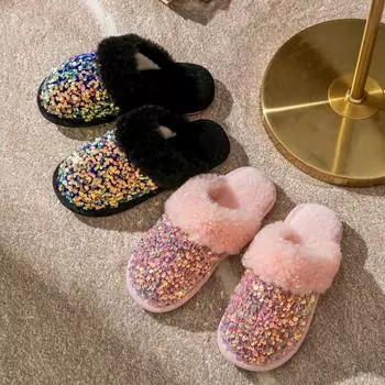 Элегантные мохнатые тапочки Baotou Cotton Slippers Женские блестки Модные плюшевые тапочки Домашние плюшевые тапочки Женские домашние туфли Тапочки розового цвета 36-37 розовый