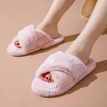 Элегантные мохнатые тапочки крест с отверстием плюшевые тапочки женские домашние плюшевые женские хлопковые тапочки домашняя обувь тапочки розовые 36-37 розовый