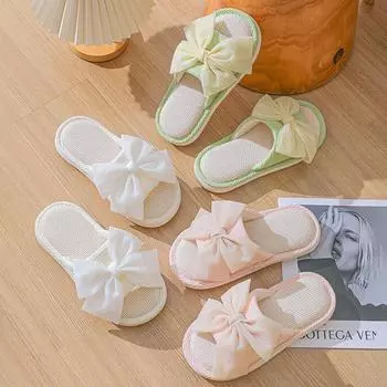 Элегантные мохнатые тапочки Льняные тапочки с бантом Домашние сандалии Тапочки Простые тканевые хлопковые тапочки Женские домашние туфли Тапочки розового цвета 36-37 бежевый
