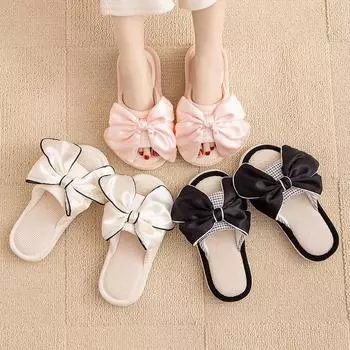 Элегантные мохнатые тапочки Льняные тапочки с бантом Домашние сандалии Тапочки Маленькие духи Простые тканевые хлопковые тапочки Домашняя обувь Тапочки розового цвета 36-37 бежевый