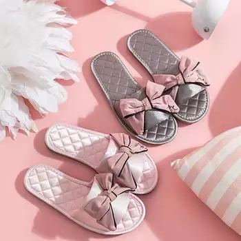 Элегантные мохнатые тапочки с атласным бантом и открытым носком, летние домашние тапочки, женские простые четырехсезонные дышащие сандалии, домашние туфли, розовые тапочки 35-36 серый