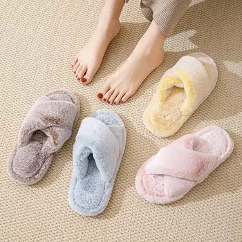 Элегантные мохнатые тапочки с перекрестным ремнем, плюшевые хлопковые тапочки, домашние открытые мохнатые тапочки, женская домашняя обувь, тапочки розового цвета 36-37