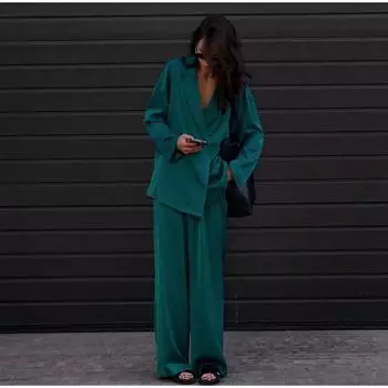 Элегантные однотонные атласные брюки, комплект из 2 предметов, одежда для сна для женщин, повседневная свободная пижама, комплект с длинными рукавами и широкими брюками, весенне-летняя одежда S зелёный