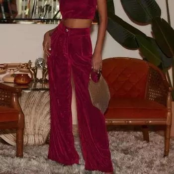 Элегантные однотонные бархатные женские брюки, теплые утепленные широкие брюки во французском стиле для женщин, модные брюки с высокой талией 30150 S чёрный