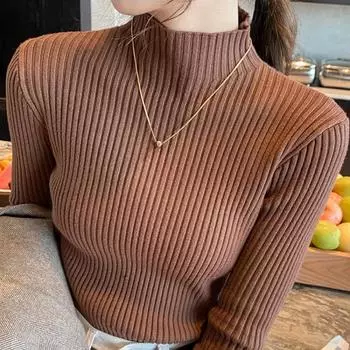 Элегантные однотонные базовые трикотажные топы женские водолазки свитер с длинным рукавом повседневный тонкий пуловер корейская мода простая шикарная одежда One Size зелёный