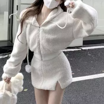 Элегантные однотонные комплекты юбок из двух предметов, женские толстовки с капюшоном на молнии, куртка + мини-юбка с разрезом, осень-зима, сексуальные наряды в корейском стиле, новинка S белый