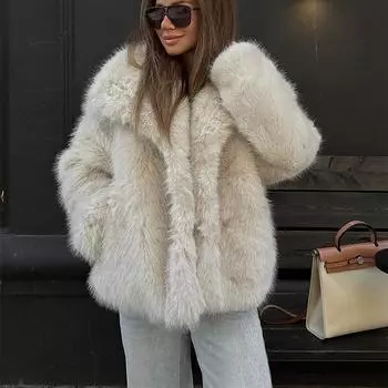 Элегантные однотонные куртки из искусственного меха для женщин с лацканами, свободные, с длинными рукавами, утолщенные пальто, зимняя мода, теплые карманы, верхняя одежда XS жёлтый