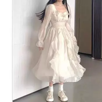 Элегантные однотонные платья феи с оборками, корейская мода, тонкое платье миди трапециевидной формы, весна-лето, женское вечернее платье принцессы XXL бежевый