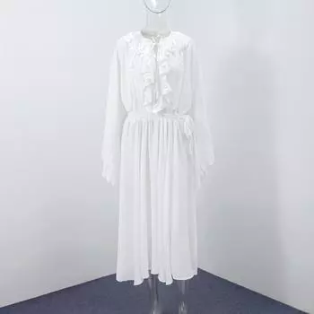 Элегантные однотонные платья с воланами, свободное женское длинное платье с V-образным вырезом и длинными рукавами, новое летнее женское платье для поездок на работу и отдыха 2025 г. S белый