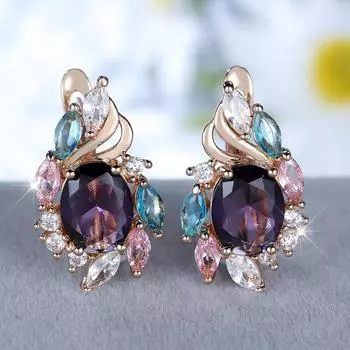 Элегантные овальные серьги-подвески из фиолетового циркония для женщин, роскошные золотые свадебные серьги, свадебные украшения фиолетовый/золотой