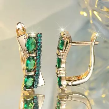 Элегантные овальные зеленые серьги-клипсы с цирконием для женщин, этнические роскошные золотые свадебные украшения зелёный/золотой