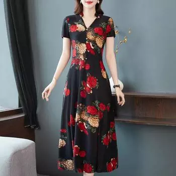 Элегантные платья А-силуэта с V-образным вырезом, приталенные, стильная винтажная цветочная женская одежда, повседневное летнее миди-платье с коротким рукавом и принтом на пуговицах XL красный