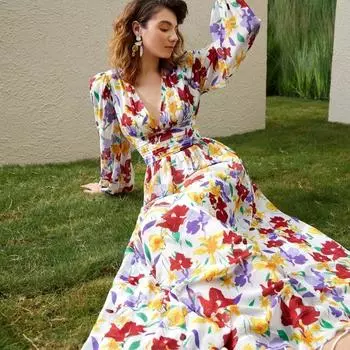 Элегантные платья А-силуэта с винтажным принтом и цветочным принтом, летние модные женские повседневные платья с рукавами-фонариками, V-образным вырезом, для вечеринок и клуба, облегающие, с высокой талией, длинные платья 26172 S