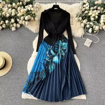 Элегантные платья American Chic для женщин с длинными рукавами-фонариками и цветочным принтом в стиле пэчворк, осенние универсальные женские платья, прямые поставки One Size бежевый