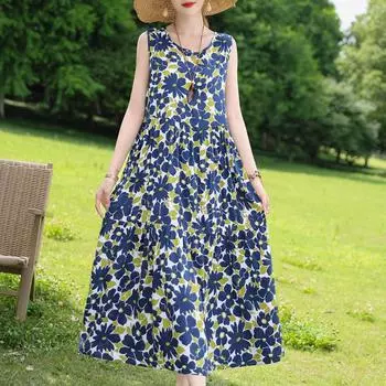 Элегантные платья без рукавов для женщин, большие размеры, повседневное винтажное длинное платье, летняя женская одежда среднего возраста XL чёрный