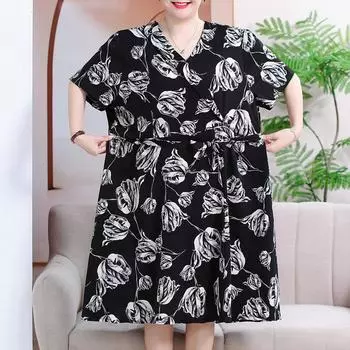 Элегантные платья больших размеров 3XL-7XL для женщин, повседневные свободные винтажные длинные платья с короткими рукавами и короткими рукавами с рукавами, летняя одежда 3XL чёрный