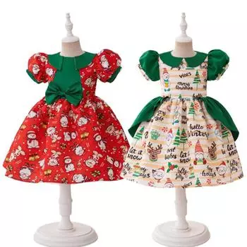 Элегантные платья для девочек, детский рождественский костюм с принтом Санта-Клауса и снежинок, красно-зеленое детское платье принцессы, одежда для вечеринок и вечеринок 110CM зелёный/красный