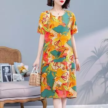 Элегантные платья для женщин, большие размеры, свободное повседневное летнее платье с короткими рукавами, женская одежда среднего возраста XL
