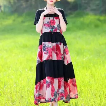 Элегантные платья для женщин, большие размеры, повседневное свободное свободное длинное платье с короткими рукавами, женская летняя винтажная одежда XL