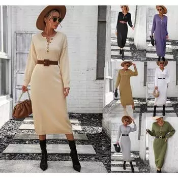 Элегантные платья для женщин осень/зима мода трикотажное платье на пуговицах темпераментный стиль свитер пуговицы длинные рукава XL белый