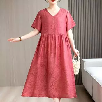 Элегантные платья для женщин, повседневные летние длинные платья больших размеров с короткими рукавами, женская винтажная женская одежда среднего возраста XL красный