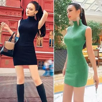 Элегантные платья-карандаш с водолазкой для женщин, вязаное мини-платье без рукавов с круглым вырезом One Size