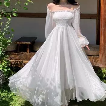 Элегантные платья макси для женщин, белое платье с открытыми плечами и пышными рукавами, эластичное вечернее платье с высокой талией и рюшами, праздничное платье миди с длинными рукавами