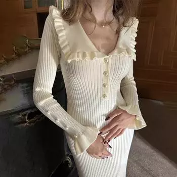 Элегантные платья макси с рюшами для женщин, осенне-зимнее вязаное тонкое длинное платье, женское винтажное платье, женский трикотаж в стиле ретро L чёрный