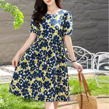 Элегантные платья миди для женщин, большие размеры, свободное повседневное летнее платье с короткими рукавами, винтажная одежда XL